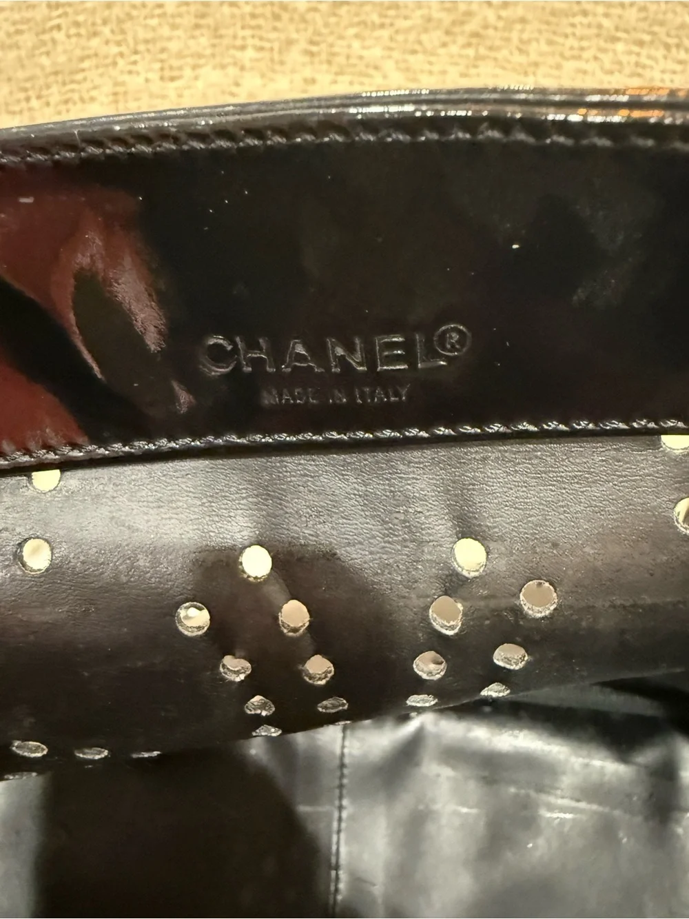 CHANEL Coco Mark Triple Punching Chain Shoulder Bag Tote Patent Leather